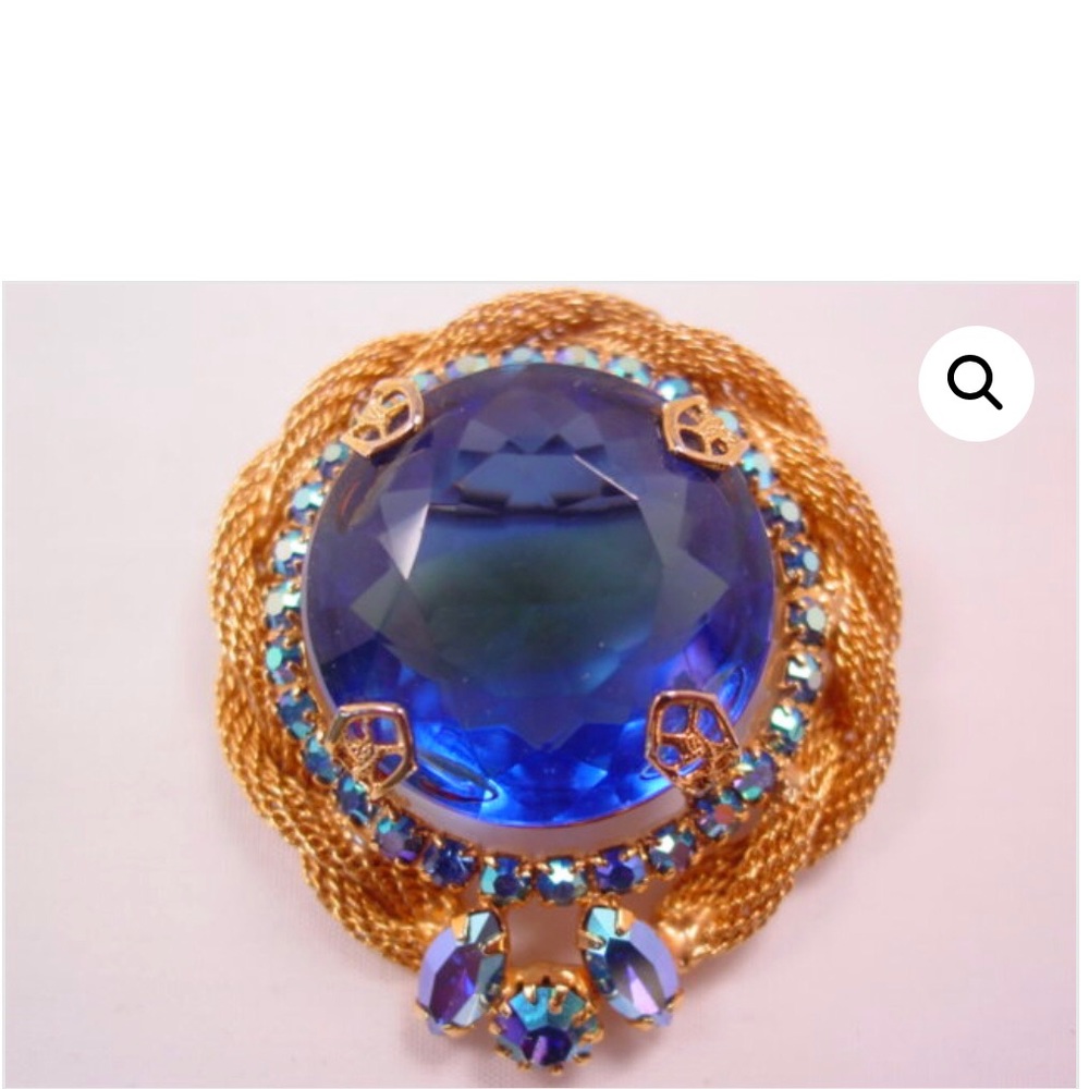 Vintage HUGE Blue Rhinestone Pin